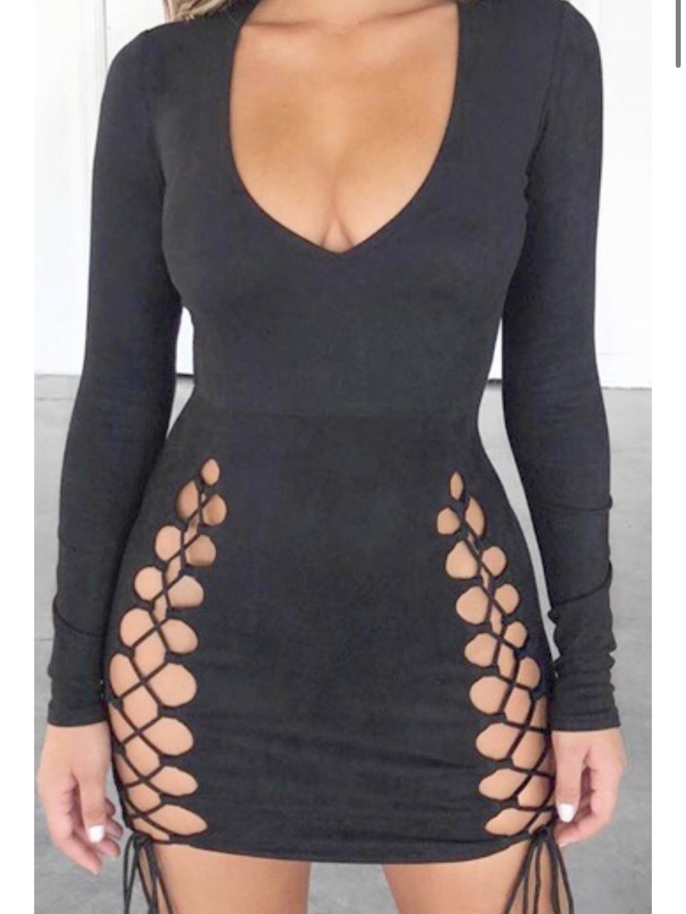 BABYBOO Women’s Black Suede Long Sleeve Lace-Up Side Mini Dress